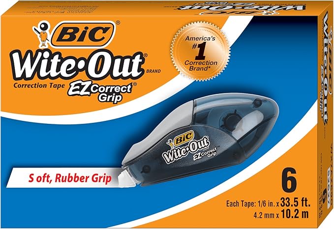 BIC Wite-Out Brand EZ Correct Grip Correction Tape, White, 6-Count