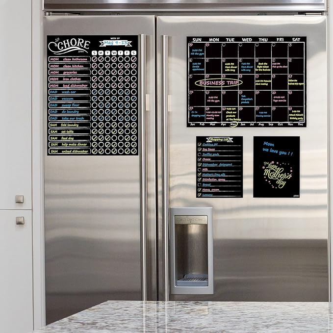 Magnetic Chalkboard Monthly Calendar - Reward Chore Chart Blackboard Combo Set with Neon Bright Liquid Chalk Markers - Bonus Grocery List and Notepad Blackboard for Refrigerator Included