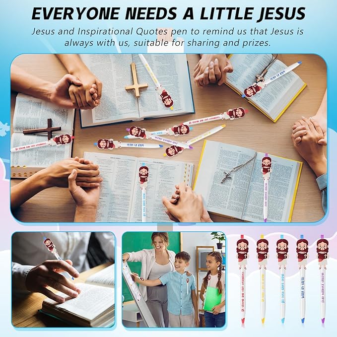 24 Pcs Christian Jesus Pens Bible Verse Pens for Kids Cute Jesus Ballpoint Pens with Inspirational Quotes Sunday Religious Pens for Classroom Prizes Church Christmas Easter Gift