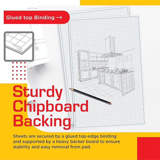 Graph Paper Pad, 17" x 11", 50 Sheets, Blue Line Border, Blueprint Paper, Double Sided, White, 4x4 Blue Quad Rule, Easy Tear Sheets, Grid Paper, Graph Paper by Better Office Products