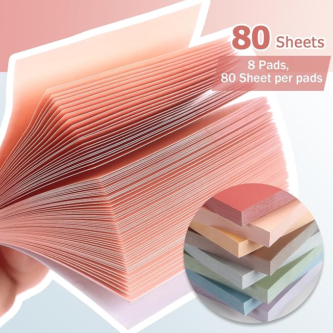 Sticky Notes 8 Vintage Colors 3x3in, Self-Stick Notes Pads with Easy to Post for School, Home, Office, 8 Pads/Pack, 80 Sheets/Pad