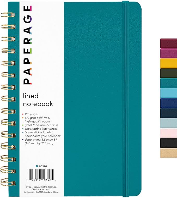 PAPERAGE Lined Spiral Journal Notebook, (Turquoise), 160 Pages, Medium 5.5 inches x 8 inches - 100 GSM Thick Paper, Hardcover, Double-Wire Spiral Journal & Notebook