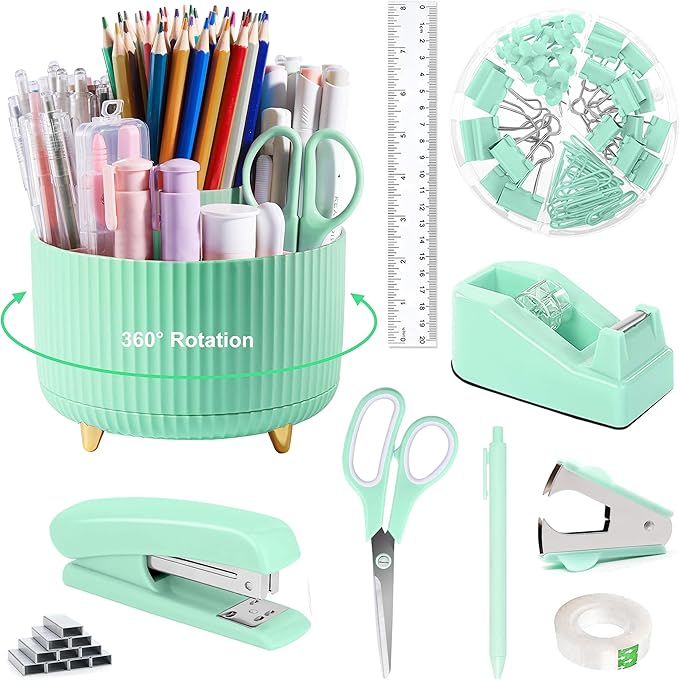 Green Office Supplies, Teal Desk Accessories 360°Pen Holder Desk Organizers and Accessories with Tape Dispenser, Stapler, Staple Remover, 1000 Staples, Tape, Clips Set, Ruler, Scissor, Pen