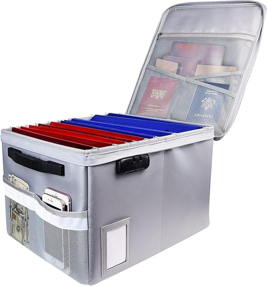File Box with Lock, Fireproof Document Box File Organizer Box, Portable Office Collapsible File Storage with Reflective Strip for Hanging Letter/Legal Size Folder/Certificate