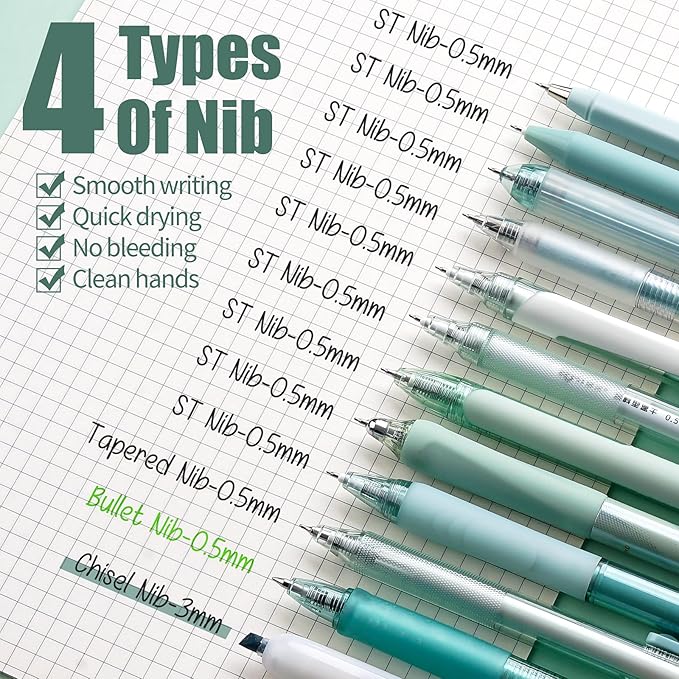 Four Candies 12Pack Pastel Gel Ink Pen Set, 11 Pack Black Ink Pens with 1Pack Highlighter for Writing, Retractable 0.5mm Fine Point Cute Note Taking Pens for School Office (Green)
