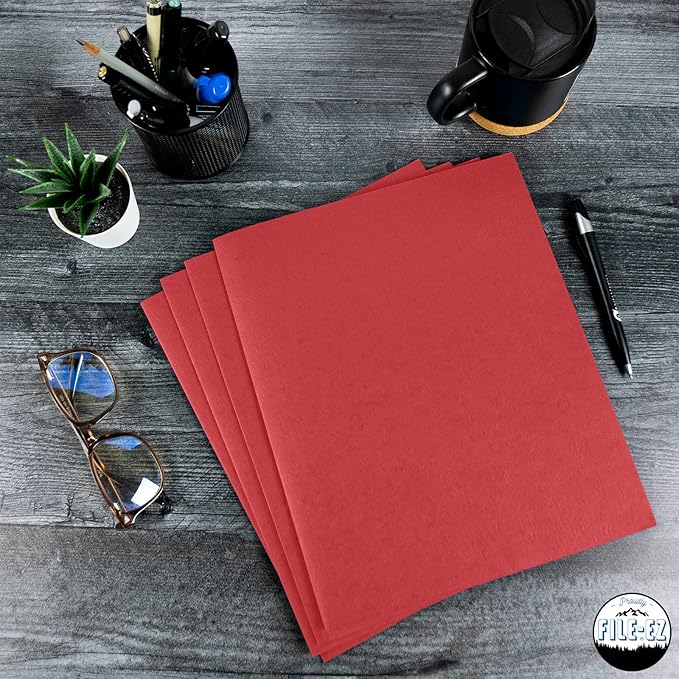 FILE-EZ Two-Pocket Folders, Red, 25-Pack, Textured Paper, Letter Size (EZ-32558)