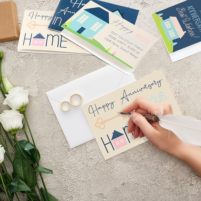 48 Pcs Happy Home Anniversary Cards with Envelopes Bulk Blank Welcome House Cards Real Estate Thank You Notes Housewarming Gifts for Clients Neighbors, 4 x 6 in(Pastel)
