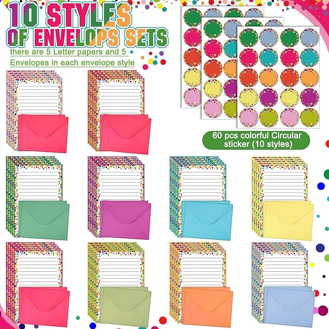 TaoBary 160 Packs Stationery Paper Set (50 Double Sided Stationery Writing Papers 50 Matching Envelopes) 60 Round Dot Sticker, 10 Design(Dot,5.5 x 8.25 Inch)