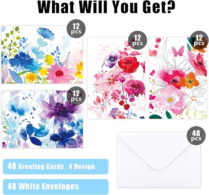 48 Pack Blank Cards and Envelopes, Watercolor Flowers Blank Greeting Cards, Blank Cards for All Occasion