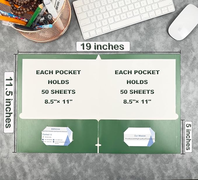 BIBRADAA® 50 Packs Dark Green Pocket Folders,Paper Folder Surface with Waterproofing,Letter Size,Holds 100 Plus Sheets,for School,Office,Business. (50, Dark Green)