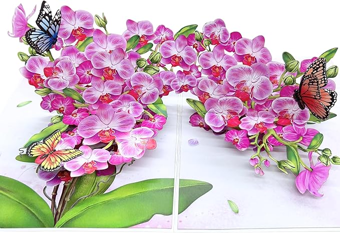 Pop Up Birthday Card for Women, Wife; Butterfly on Purple Orchid Mother's Day Card, 6"x 8" Gift Cards,Thinking of You, All Occasion for Her, Mom, Sister, Grandma, Daughter, Every Orchid Lover