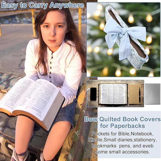 Honoson Quilted Bow Bible Sleeve Book Cover Case Padded Protector Washable Bible Bag Pouch Christian Gift for Women Girls Book Lover Gifts(Blue Floral)