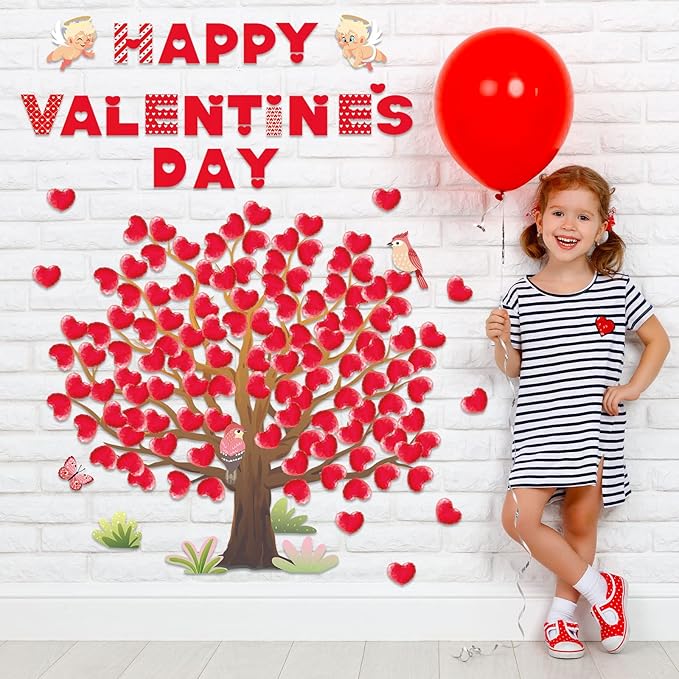 Valentine's Day Bulletin Board Decorations Valentine Tree Bulletin Board Set Heart Classroom Tree Bulletin Board Stickers Heart Bulletin Board Tree Wall Background Banner Decor (Cute Style)