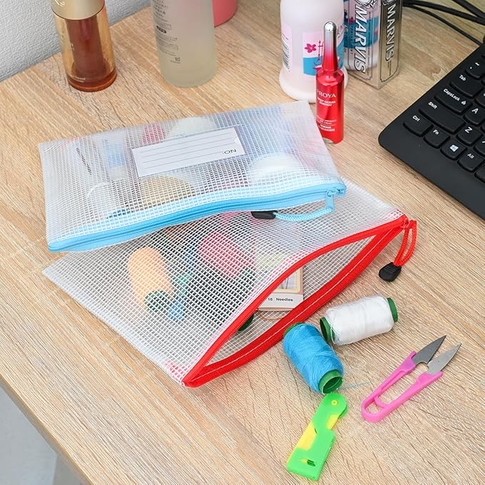 AUSTARK Plastic Mesh Zipper Pouch, 12Pcs Zipper File Bags with Label Pocket, A5 Size 9.2x6.7in, White