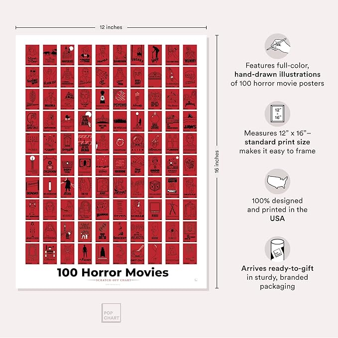 Pop Chart | 100 Horror Movies Scratch-Off Poster | 12" x 16" Wall Art | Horror Movie Decor for the Scary Movie Fan | 100% Made in the USA…