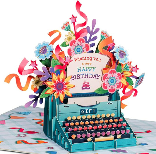 Paper Love Birthday Pop Up Card, Happy Birthday Typewriter, For Adults or Kids - 5"x7" Cover - Includes Envelope and Note Tag