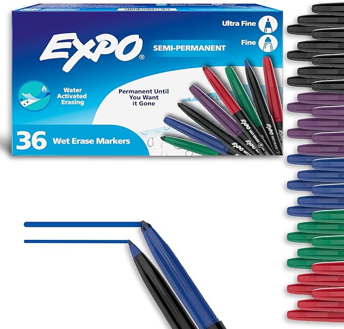 EXPO Wet Erase Markers, Semi-Permanent Markers, Assorted, Fine and Ultra-Fine Tips, 36 Count