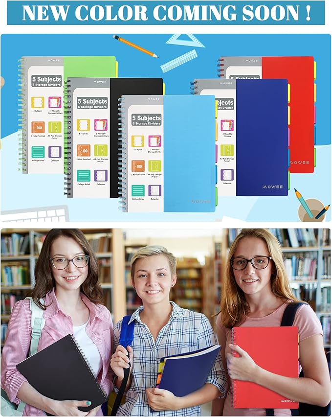 5 Subject Notebook - Spiral Notebook, College Ruled Notebook with Dividers Pocket, Tabs, 11" Ruler, 200 Pages, for Writing Journal, Home & Office, School Supplies (8.5 * 11Babyblue)