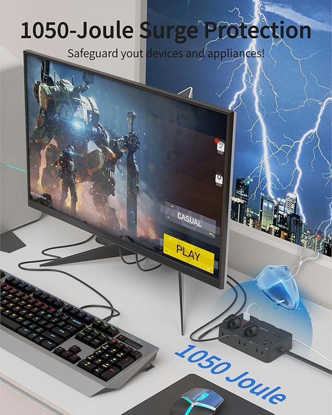 Surge Protector Power Strip, 5 FT Extension Cord with 6 AC Outlets 4 USB Ports,1050J Surge Protection, Wall Mountable Charging Station for Office, Home, Black