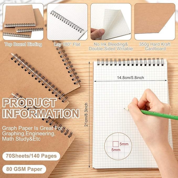 Graph Paper Spiral Notepad A5 Top Wirebound Notepad Grid Notebook Steno Pads Memo Notebook Grid Paper 140 Pages for Writing Sketching Drawing Office Supplies(Kraft,1 Pack)