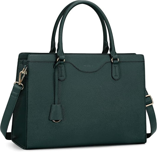 RAINSMORE Laptop Bag for Women 15.6 Inch Waterproof Leather Computer Tote Bag Professional Business Office Work Bags Briefcase Large Capacity Lightweight Women Handbag Shoulder Bag, Dark Green