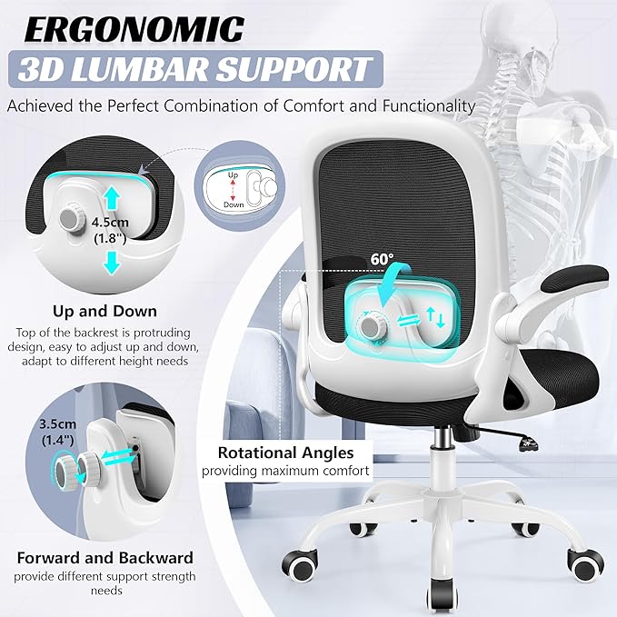 Office Chair Ergonomic Desk Chair with Adjustable 3D Lumbar Support and Height, Comfy Mesh Computer Chair with Flip-up Armrests, Swivel Rolling Task Chair with Wheels for Home Office (White)