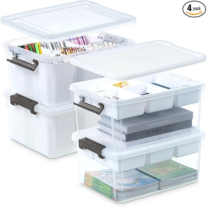 Citylife 17 QT Plastic Storage Bins Clear Storage Box with Lids Multipurpose Stackable Storage Containers for Organizing Tool, Craft, Crayon, 4 Packs