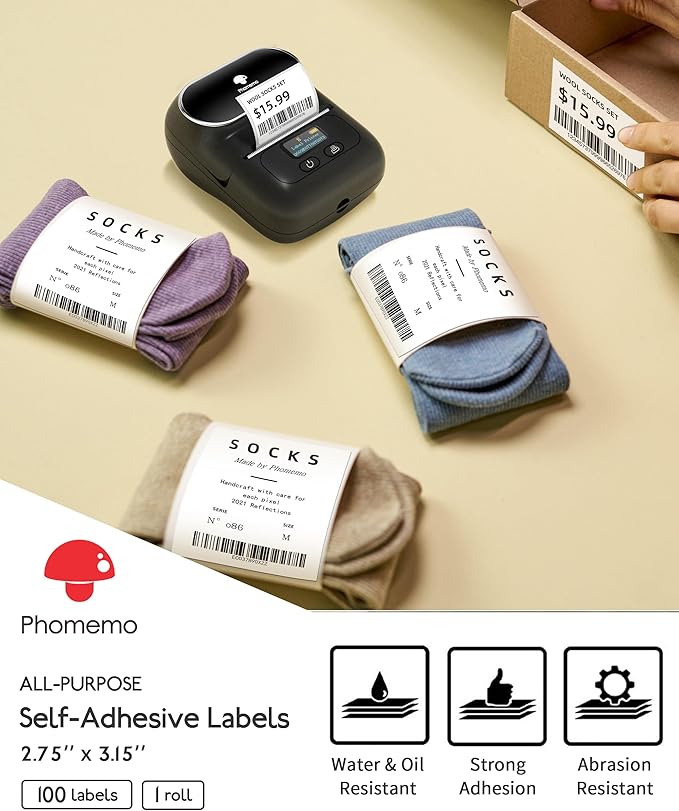 [100 pcs] Phomemo Labels for M220 M221 M250 M260 M200, 2.75''x3.15''(70x80mm), Original, Square,White,100 Labels/Roll, Self-Adhesive Thermal, for Clothing, Logo, Ingredient, Barcode, Address