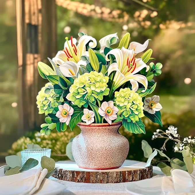 Freshcut Paper Pop Up Cards, Ivory & Sage, 12 Inch Life Sized Forever Flower Bouquet 3D Popup Greeting Card, Birthday Cards, Get Well Gifts, Blank Notecard & Envelope
