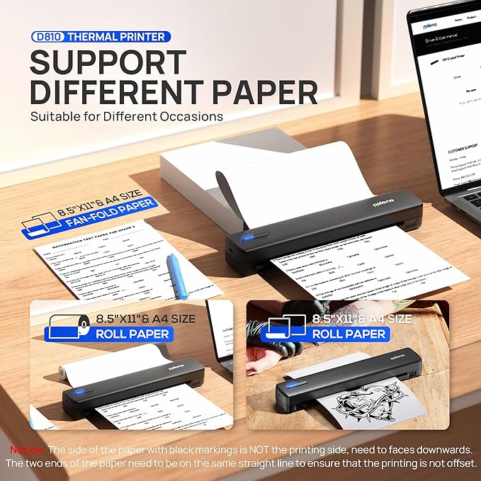 POLONO Portable Printer Wireless for Travel, D810 Bluetooth Thermal Printer Support for 8.5"x11" US Letter, Inkless Compatible with iOS, Android, Laptop for Office, Car and Home, Black