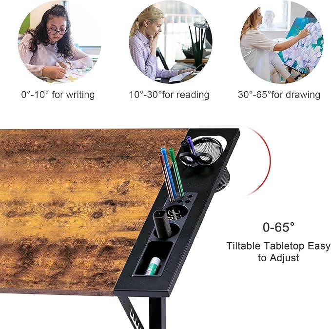 VECELO Vintage Drawing Drafting Table, Adjustable Tilting Top Art Desk Craft Work Station with Pencil Ledge Lockable Slide Rolling Wheels for Painting Diamond Reading Writing Study, Rustic Brown