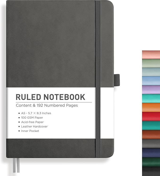 RETTACY Journaling Notebooks, A5 Lined Journal Notebook with 192 Numbered Pages, 5.7'' × 8.3'' Medium Size, for Writing, Work, Office, Leather Hardcover, 100 GSM Thick Paper (Gray)