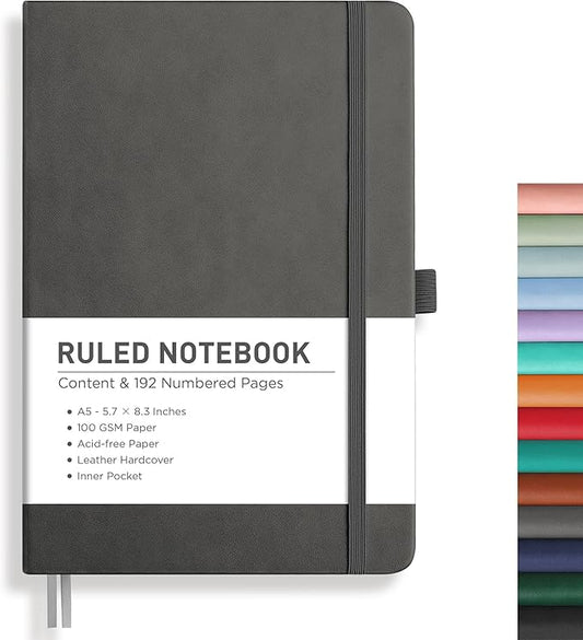 RETTACY Journaling Notebooks, A5 Lined Journal Notebook with 192 Numbered Pages, 5.7'' × 8.3'' Medium Size, for Writing, Work, Office, Leather Hardcover, 100 GSM Thick Paper (Gray)