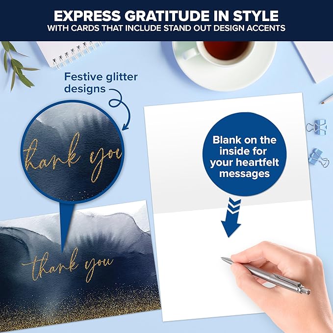Decorably 24 Pack Glittery 6x4in Blue and Gold Thank You Cards with Envelopes and Stickers, 24 Elegant Designs Navy Blue Thank You Cards, Blank Inside - Birthday, Wedding, Anniversary