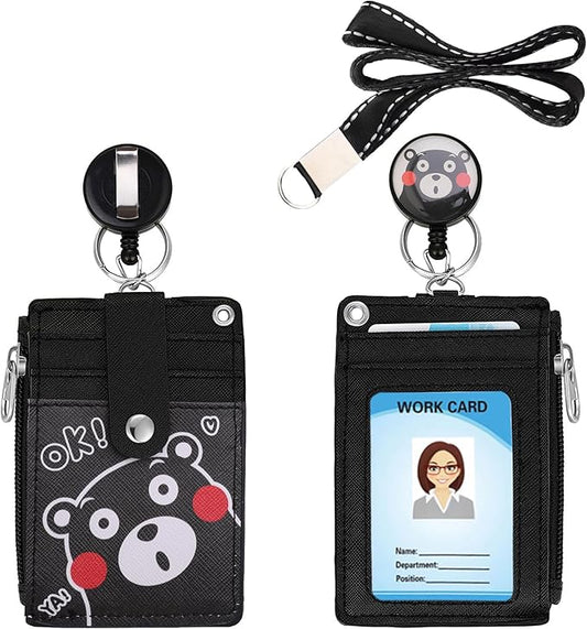 Cute ID Badge Holder Retractable Lanyard Reel Clip with Heavy Duty Carabiner, 5 Card Slots in 2 Sided with Key Ring and Zipper for Women Students Teens Girls Office Staff (Black OK Bear)