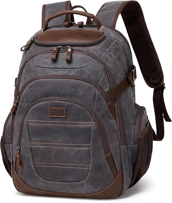Travel Laptop Backpack 17.3 inch XL Computer Backpack for Men Waxed Canvas College Daypack Business Backpack Black Gray