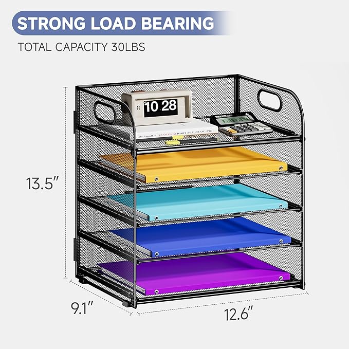 5 Tier Paper Organizer with Handle, Metal Mesh Desk Organizer File Folder Organizer Paper Letter Tray Desktop Document Sorter for Classroom, School, Office Organization and Storage - Black