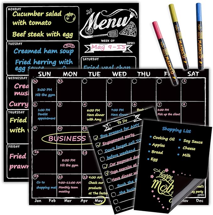Magnetic Chalkboard Monthly Calendar - Weekly Meal Planning Blackboard Combo Set with Neon Bright Liquid Chalk Markers - Bonus Grocery List and Notepad Blackboard for Refrigerator Included