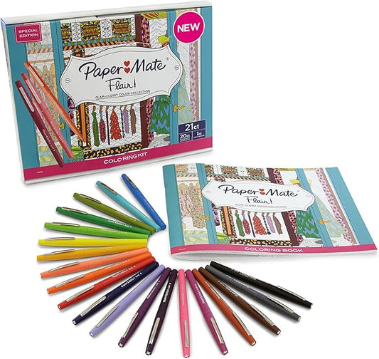 Paper Mate Flair Felt Tip Pens, Medium Point with Women’s Closet Adult Colouring Book - Assorted Colours, Count of 20