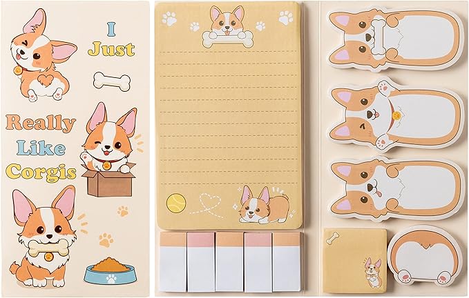 I Just Really Like Corgis Sticky Notes Set, 550 Sheets, Cute Cartoon Corgis Butt Self-Stick Notes Pads Animal Divider Tabs Bundle Writing Memo Pads Back to School Office Supplies Small Gift