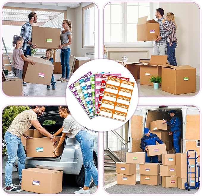 510 Home Moving Labels, 3.4 x 2 inches, 8-Color Coded Packing Box Stickers with Fragile and Blank Customizable Labels