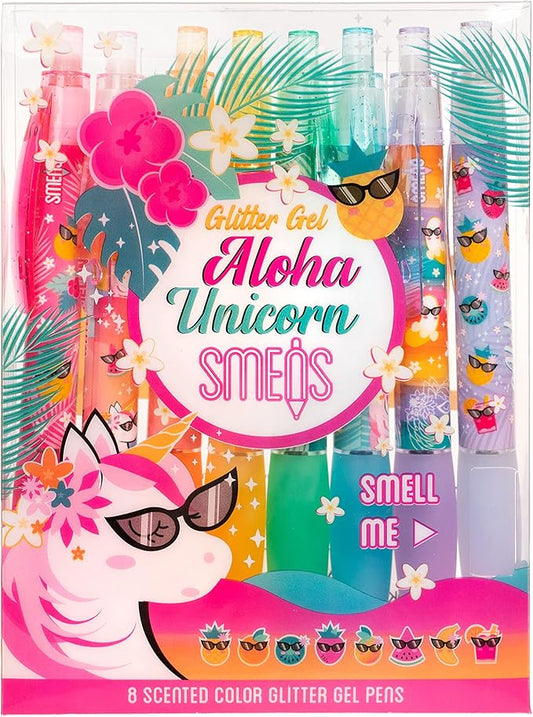Glitter Gel Smens (Aloha Unicorn) - Patented Gourmet Scented Pens, Colored Glitter Gel Ink, Medium Point, 8 Count