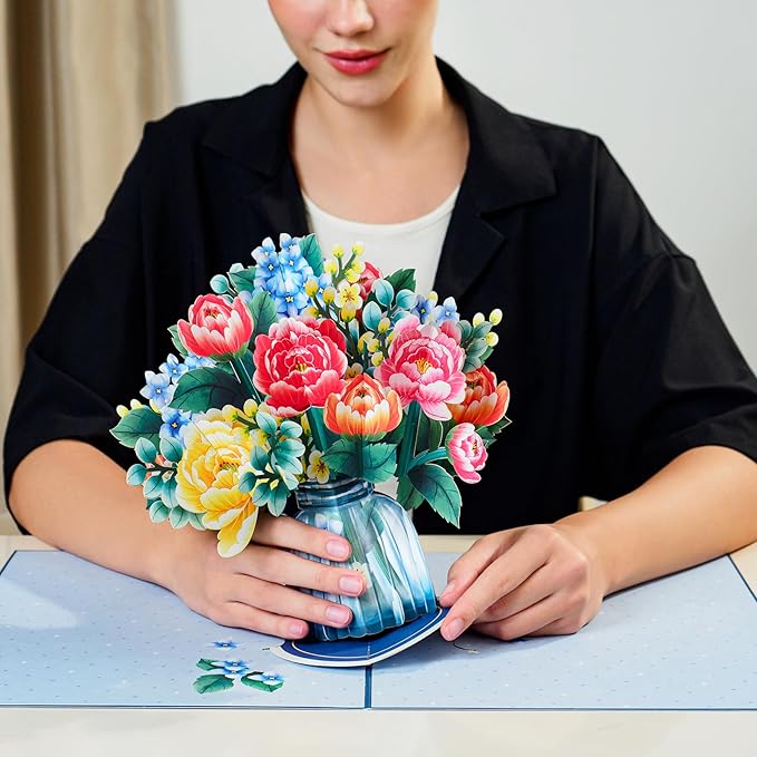 Paper Love 3D Pop Up Flower Bouquet Card, Wonderland, with Detachable Paper Flowers For Anniversay, Wedding, Thank You, Mother's Day - Jumbo 10" x 14" Card - Includes Envelope and Note Tag