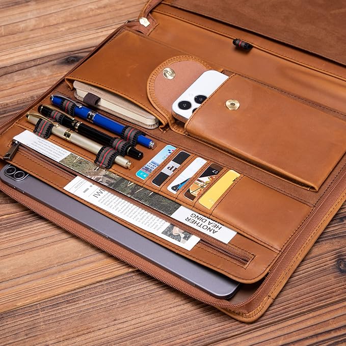 Handmade Crazy-Horse Leather Padfolio Portfolio, Easy to Carry with A Zippered Closure, Business Organizer Tablet Folio Folder with Letter Size Notepad, Gift for Women & Men (Brown, Upgraded version)