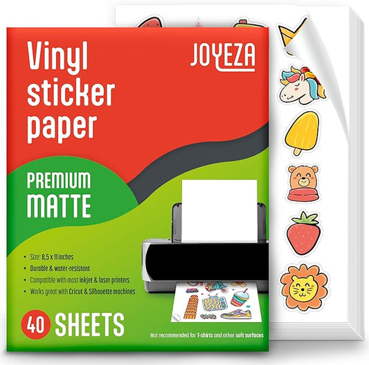 JOYEZA Premium Printable Vinyl Sticker Paper for Inkjet Printer - 40 Sheets Matte White Waterproof, Dries Quickly Vivid Colors, Holds Ink Well- Tear Resistant - Inkjet & Laser Printer