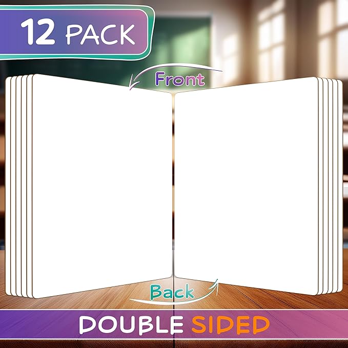 Set of 12 Small White Board Dry Erase Boards Classroom Pack Mini White Boards 9"x12” Double Sided Personal Whiteboards for Students Teachers School Supplies Lapboards l 12 Mini Whiteboard Erasers Incl