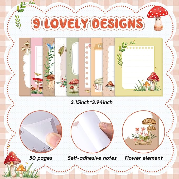 Sabary 9 Pads Sticky Notes 3.15 x 3.94 Inches Cute Self Sticky Note Pads Colored Adhesive Notepad for Memo Reminder Journal Studying Office Home Gift (Mushroom)