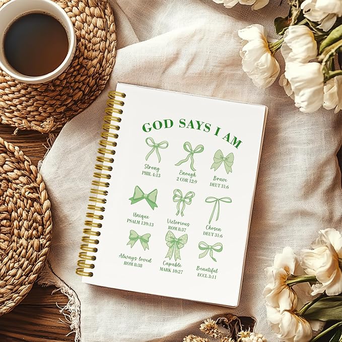 Coquette Green Bows Spiral Bible Notebook,Aesthetic Composition Notebook, God Says I Am Christian Scripture Prayer Journal for Women, Hardcover Spiral Notebooks College Ruled 5.5 x 8.3 (Green)