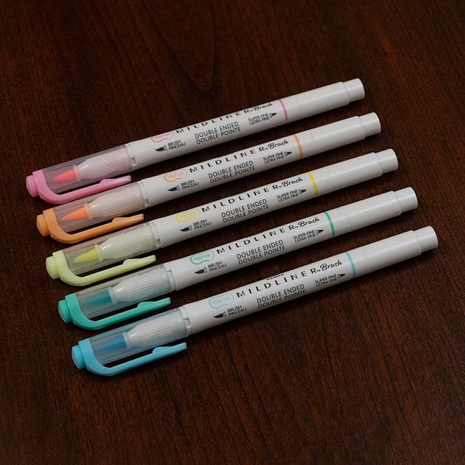 Zebra Pen Mildliner Brush Marker, Double Ended Brush and Fine Tip Pen, Assorted Fluorescent Colors, 5 Pack