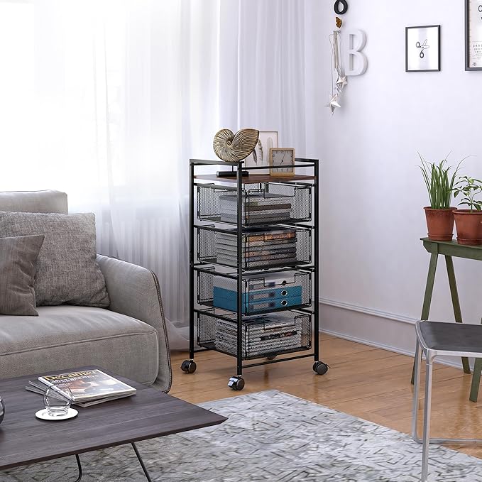 EasyPAG Rolling File Cabinet 4 Drawers Metal File Organizer Storage Cart Mobile File Cart with Removable Drawers with 4 Swivel Casters Rolling Wheels Cart, Black